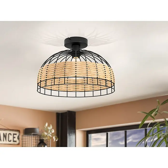 Eglo Anwick Deckenleuchte rund ANWICK - 60 W, Ø x H: 380 mm x 265 cm, Schwarz, E27 - Elegante Deckenleuchte mit schwarzem Metallgestell und geflochtenem Lampenschirm für stilvolle Beleuchtung im Raum.