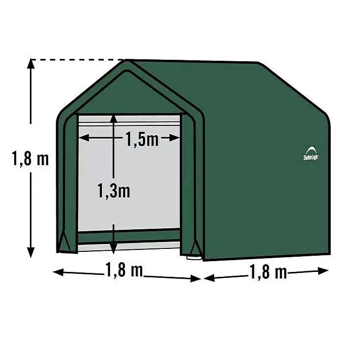 ShelterLogic Gerätehaus - Außenbreite inkl. Dachüberstand: 180 cm, Außentiefe inkl. Dachüberstand: 180 cm, Kunststoff, Grün - Grünes Lagerzelt: 1,8m H x 1,8m B x 1,8m T. Türöffnung: 1,3m H x 1,5m B.
