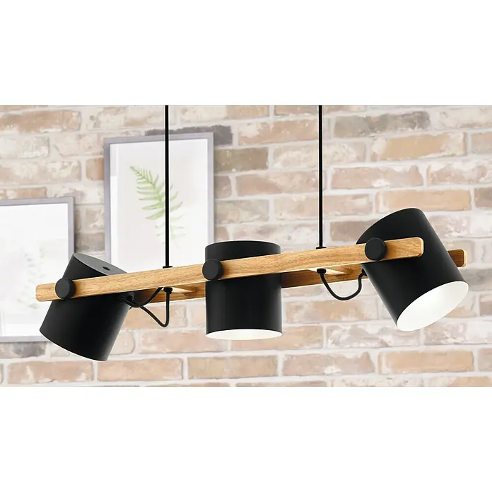 Eglo Hornwood Pendelleuchte Hornwood - 3 Stk., 60 W, L x B x H: 78 x 21 x 110 cm - Ein modernes dreiflammiges Pendelleuchten-Design mit Holzdetails und schwarzen Lampenschirmen, ideal für Esszimmer oder Wohnbereiche.