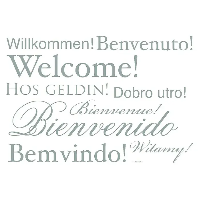 Komar Dekosticker Welcome - 70 x 50 cm, Silber - Einladendes Wandtattoo mit dem Wort "Willkommen" in verschiedenen Sprachen für eine herzliche Atmosphäre.