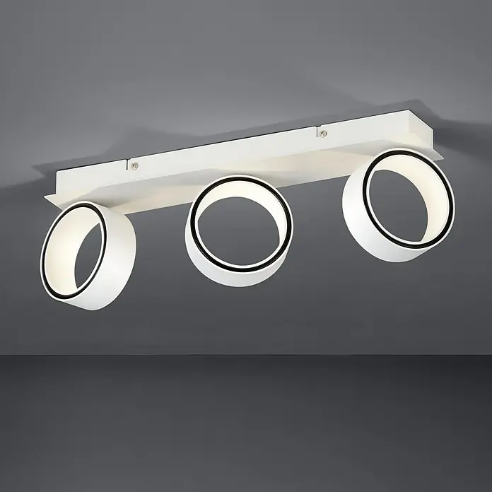 Eglo LED-Deckenleuchte Albariza - 15 W, L x B x H: 47,5 x 14,5 x 8 cm, Weiß, Warmweiß - Moderne Deckenleuchte mit drei runden, weißen Lampenschirmen mit schwarzen Akzenten, die ein helles und stilvolles Ambiente erzeugen.