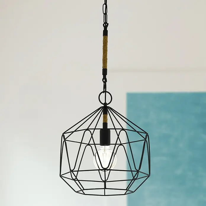 Eglo Pendelleuchte rund Cottingham - Höhe: 110 cm - Moderne Pendelleuchte mit einem geometrischen, schwarzen Drahtgestell und einem dekorativen Seilakzent, die ein warmes Licht verbreitet.