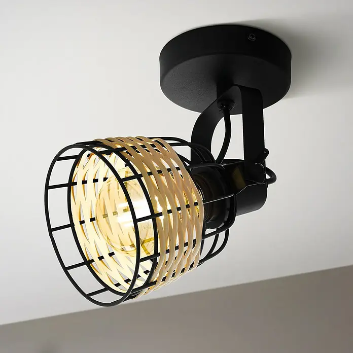 Eglo Anwick Deckenstrahler - 40 W, Schwarz, E27, 1 Stk. - Nahaufnahme einer Deckenleuchte mit Käfigdesign und hellem Licht. Das Design verleiht jedem Raum einen modernen Akzent.