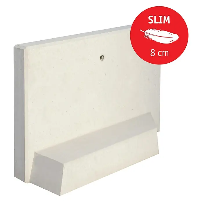 Diephaus L-Stein Slim Außenecke - 55 cm, 100 cm, Stärke: 8 cm, Grau - Das Bild zeigt eine Betongartenschiene Slim in hellem Grau mit einer roten "Slim 8cm"-Markierung, die die schlanke Bauweise hervorhebt.