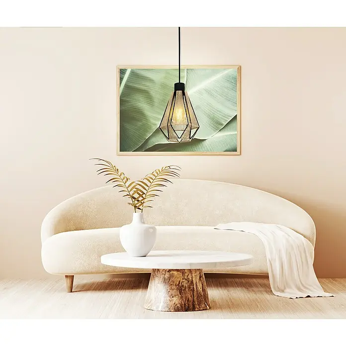 Eglo Pendelleuchte ADWICKLE - 40 W, L x B x H: 17 x 14,5 x 11 cm, Schwarz, E27, 1 Stk. - Elegante Innenaufnahme mit einer modernen geometrischen Hängelampe als Blickfang über einem stilvollen Wohnbereich.
