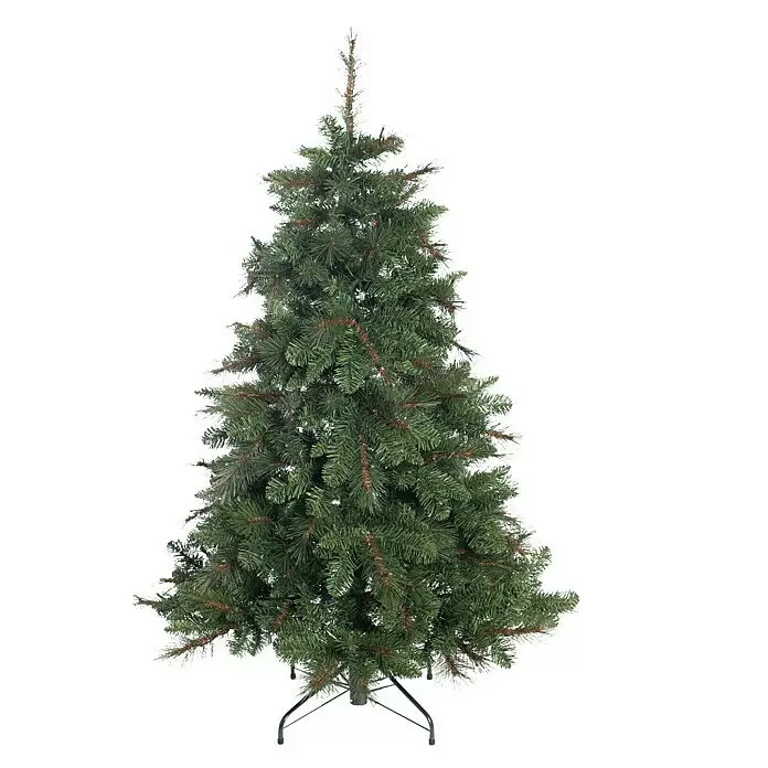 Künstlicher Weihnachtsbaum Mesa - Höhe: 210 cm, Grün, LED-Beleuchtung - Grüner künstlicher Weihnachtsbaum mit schwarzem Metallständer, bereit zur Weihnachtsdekoration.