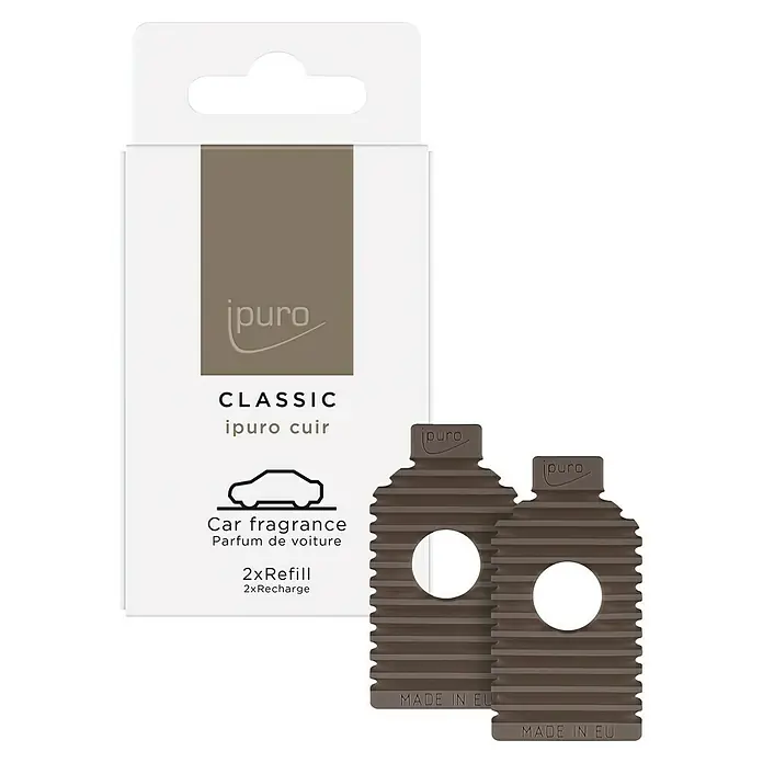 Ipuro Classic Autoduft Car Line Refill - Cuir, 2 Stk., 9 g - Abbildung eines ipuro "Classic ipuro cuir" Auto-Lufterfrischers mit zwei Nachfüllpackungen.