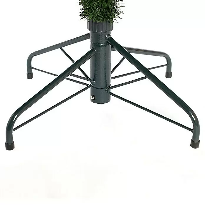 Künstlicher Weihnachtsbaum Mesa - Höhe: 210 cm, Grün, LED-Beleuchtung - Klappbarer, dunkelgrüner Metall-Weihnachtsbaumständer mit Mittelsäule und vier Beinen, ausgestattet mit schwarzen Schutzkappen.