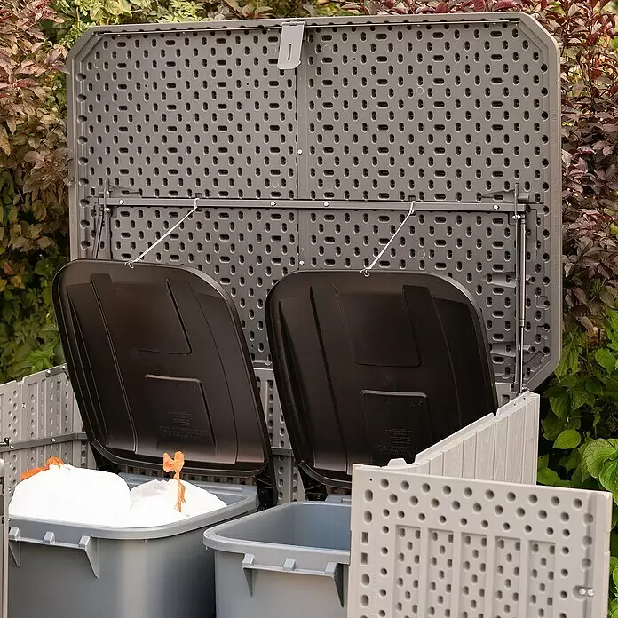 Lifetime Mülltonnenbox Phil - Kunststoff, Grau/Braun, Geeignet für Anzahl Mülltonnen: 2 Stk. - Dunkelgraue Outdoor-Aufbewahrungsbox mit offenem Deckel, darin zwei hellgraue Behälter, einer mit weißem Beutel.