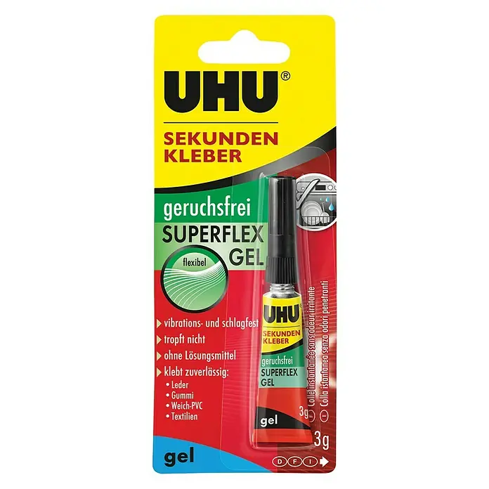UHU Sekundenkleber Superflex - 3 g, Gelartig, Tube - UHU Sekundenkleber Superflex Gel. Geruchsfreier, flexibler Sekundenkleber für Leder, Gummi, Weich-PVC und Textilien mit 3g Inhalt.