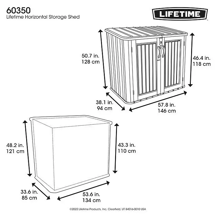 Lifetime Mülltonnenbox Phil - Kunststoff, Grau/Braun, Geeignet für Anzahl Mülltonnen: 2 Stk. - Horizontaler Lifetime-Geräteschuppen mit Deckel und Doppeltüren, mit externen und internen Abmessungen.