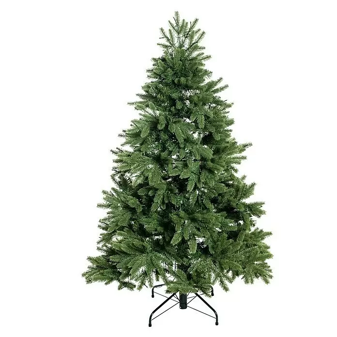 Künstlicher Weihnachtsbaum Roswell - Höhe: 150 cm, Grün, LED-Beleuchtung - Grüner künstlicher Weihnachtsbaum mit vollen Zweigen auf einem schwarzen Metallständer.