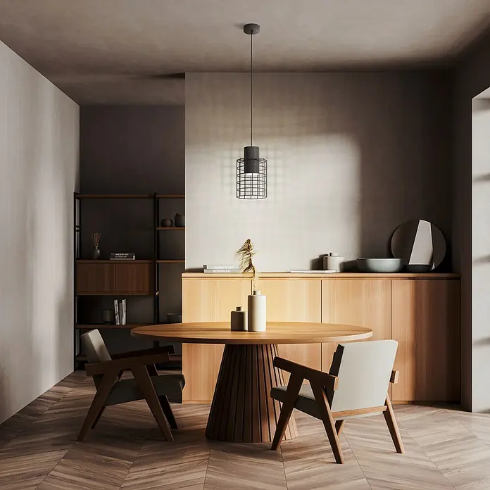 Eglo Pendelleuchte rund MILLIGAN - 40 W, Ø x H: 200 mm x 110 cm, Schwarz/Weiss, E27 - Eine stilvolle Pendelleuchte mit einem schwarzen Käfigdesign hängt über einem runden Holztisch in einem modernen Esszimmer.