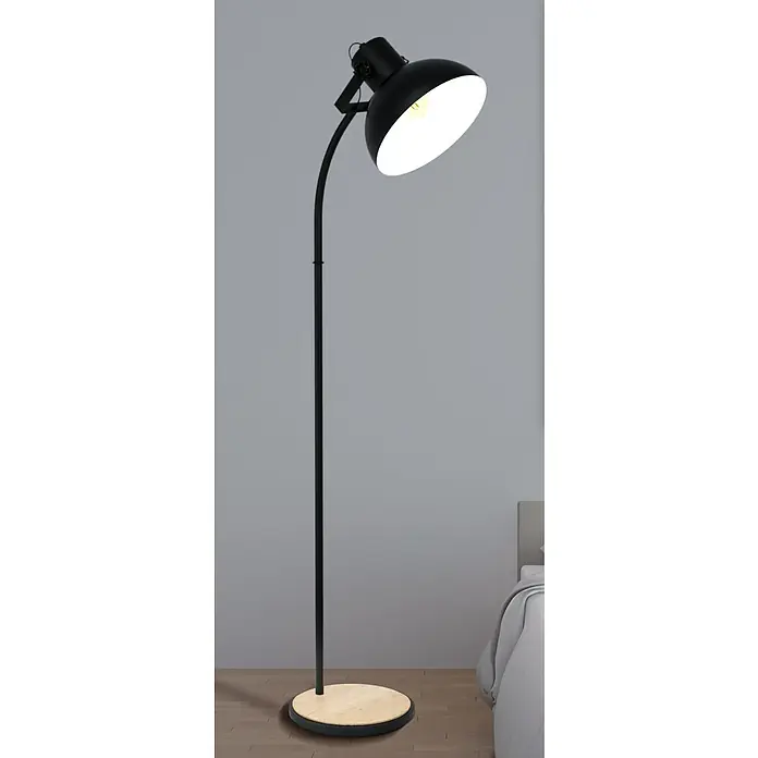Eglo Lubenham Stehleuchte - Höhe: 160 cm - Stehlampe mit einem schwarzen Lampenschirm und einem runden Sockel. Das Licht ist hell und der Lampenschirm ist verstellbar.