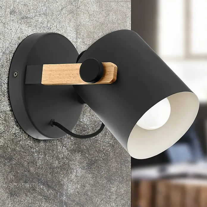 Eglo Hornwood Wandleuchte rund - 28 W, Schwarz/Creme, E27 - Moderne schwarze Wandleuchte mit Holzakzent, ideal für stilvolle Innenräume. Die Leuchte spendet fokussiertes Licht und ist ein dekoratives Element.