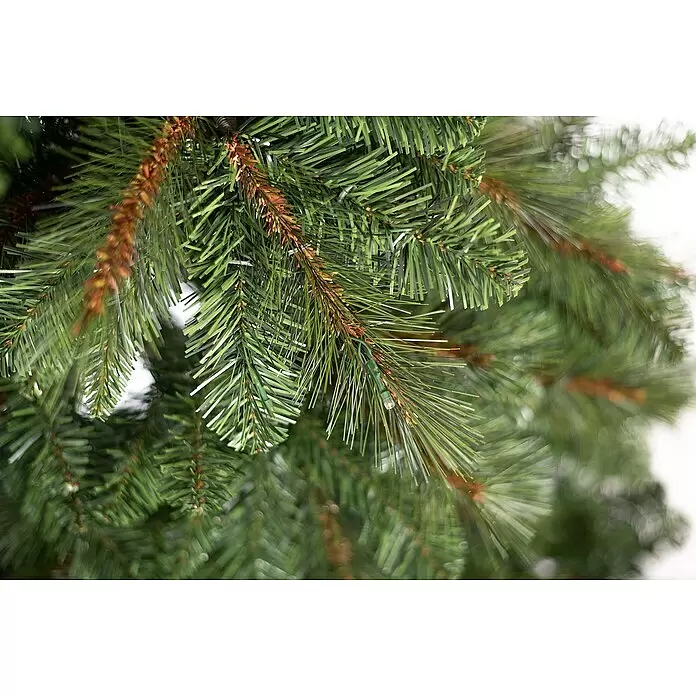 Künstlicher Weihnachtsbaum Mesa - Höhe: 210 cm, Grün, LED-Beleuchtung - Künstliche Weihnachtsbaumzweige mit realistischen grünen Kiefernnadeln und braunen Stielen, mit einer kleinen integrierten Leuchte.