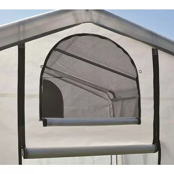 ShelterLogic Gewächshaus - Außenmaß inkl. Dachüberstand (B x T): 240 x 200 cm, Material Seitenwand: Kunststoff, Weiß - Weißes Gewächshaus mit aufrollbarem Netzfenster zur Belüftung. Dunkles Gitter und weiße Rollen.
