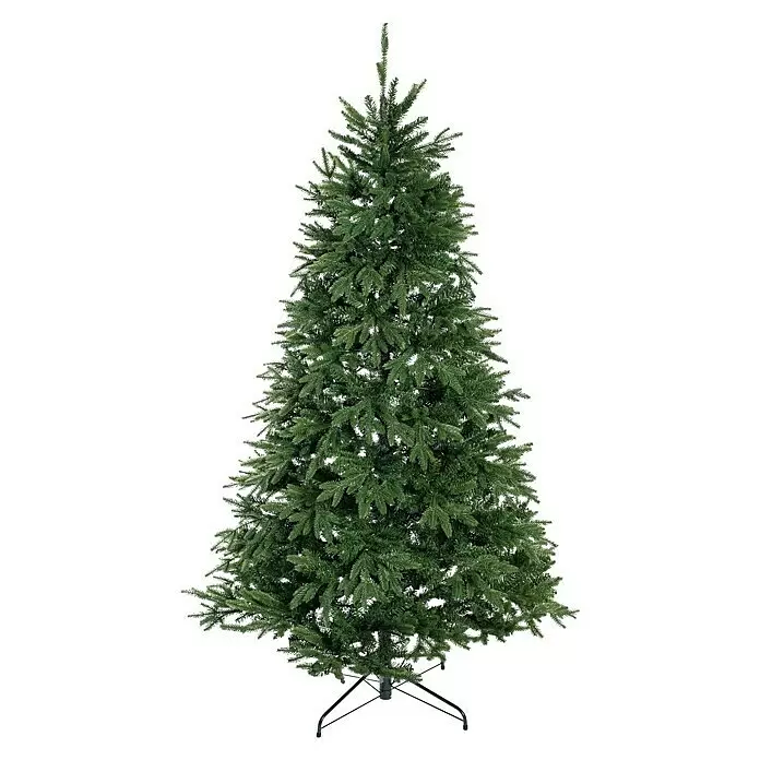 Künstlicher Weihnachtsbaum Sherwoord - Höhe: 210 cm - Künstlicher Weihnachtsbaum in voller Größe mit dichten grünen Nadeln und schwarzem Metallständer.