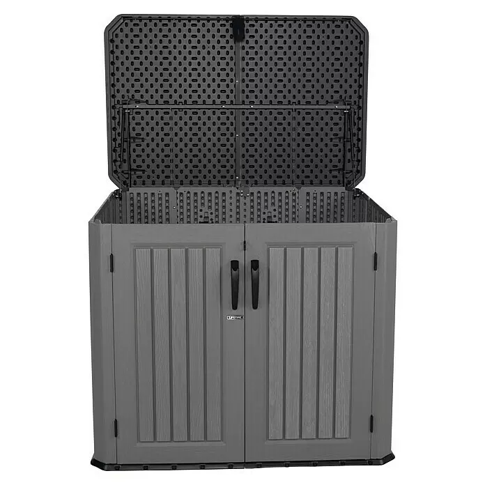 Lifetime Mülltonnenbox Phil - Kunststoff, Grau/Braun, Geeignet für Anzahl Mülltonnen: 2 Stk. - Grauer Kunststoff-Gartenschrank mit Holzmaserung, Doppeltüren und offenem Deckel, der einen perforierten Innenraum zeigt.