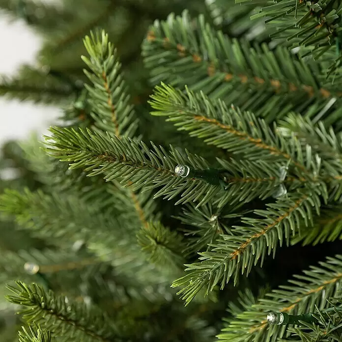 LED-Weihnachtsbaum Richmond - Höhe: 228 cm - Nahaufnahme eines vorbeleuchteten künstlichen Weihnachtsbaumzweigs mit grünen Nadeln und klaren Mini-Lichtern.