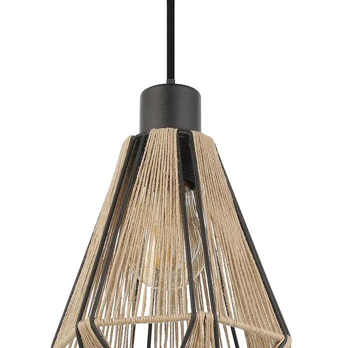 Eglo Pendelleuchte ADWICKLE - 40 W, L x B x H: 87 x 14,5 x 11 cm, Schwarz, E27, 3 Stk. - Nahaufnahme einer modernen Hängelampe mit einem Lampenschirm aus Seil und einem dekorativen Edison-Leuchtmittel, ideal für stilvolle Innenräume.