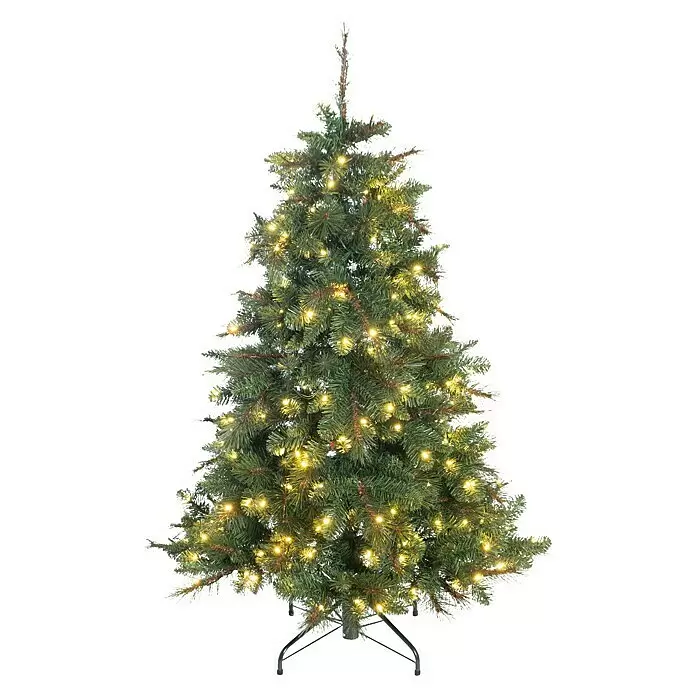 Künstlicher Weihnachtsbaum Mesa - Höhe: 210 cm, Grün, LED-Beleuchtung - Grüner künstlicher Weihnachtsbaum, vorbeleuchtet mit warmweißen Lichtern, auf einem Ständer.