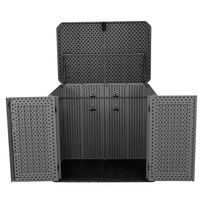 Lifetime Mülltonnenbox Phil - Kunststoff, Grau/Braun, Geeignet für Anzahl Mülltonnen: 2 Stk. - Geöffnete graue Kunststoff-Gartenbox, die ihren Innenraum mit aufgeklapptem Deckel und offenen Türen zeigt.