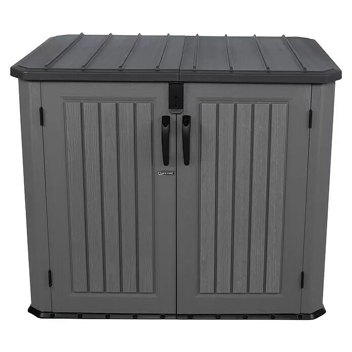 Lifetime Mülltonnenbox Phil - Kunststoff, Grau/Braun, Geeignet für Anzahl Mülltonnen: 2 Stk. - Grauer Kunststoff-Gartenschrank mit zwei Türen und einer dunkelgrauen Oberseite.