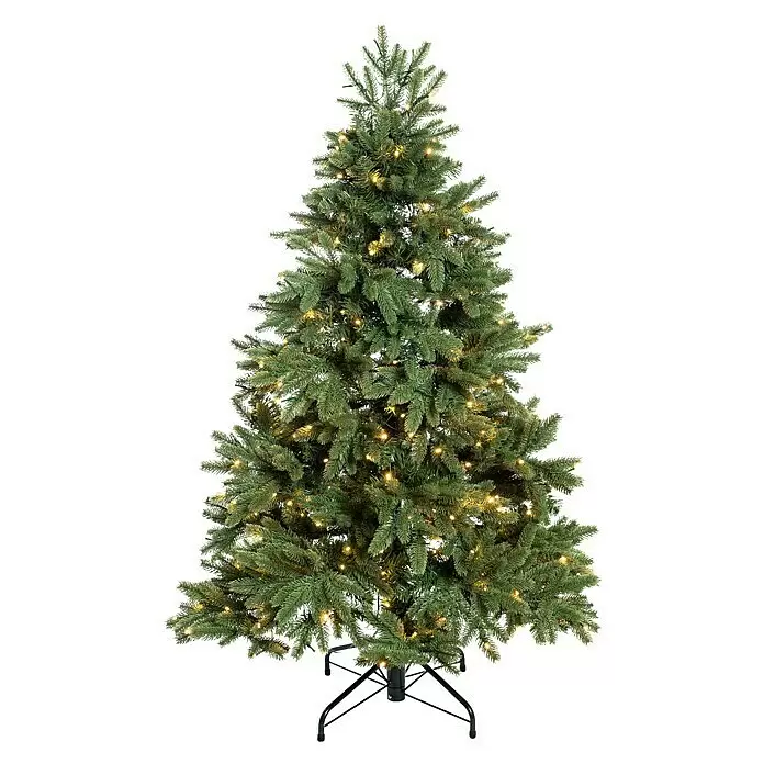 Künstlicher Weihnachtsbaum Roswell - Höhe: 150 cm, Grün, LED-Beleuchtung - Grüner künstlicher Weihnachtsbaum mit warmweißen Lichtern und schwarzem Ständer.