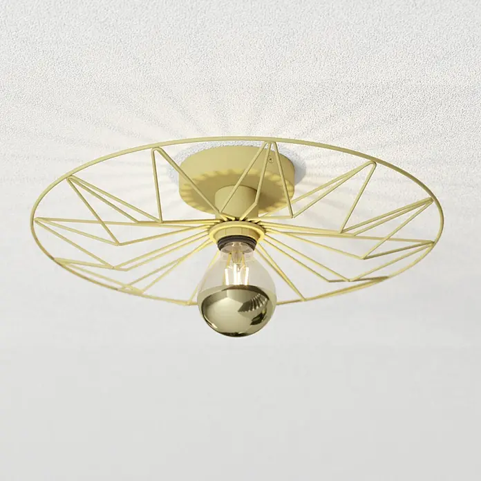 Eglo Wand- & Deckenleuchte CASTANUELO40 W, Gold, E27 - Gelbe Deckenleuchte mit geometrischem Drahtschirm und goldfarbener Glühbirne.
