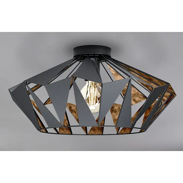 Eglo Deckenleuchte rund - 60 W, Ø x H: 47 mm x 23,5 cm, Schwarz, E27 - Eine moderne Deckenleuchte mit einem geometrischen, diamantförmigen Design in Schwarz und Holz. Blickfang für jeden Raum.