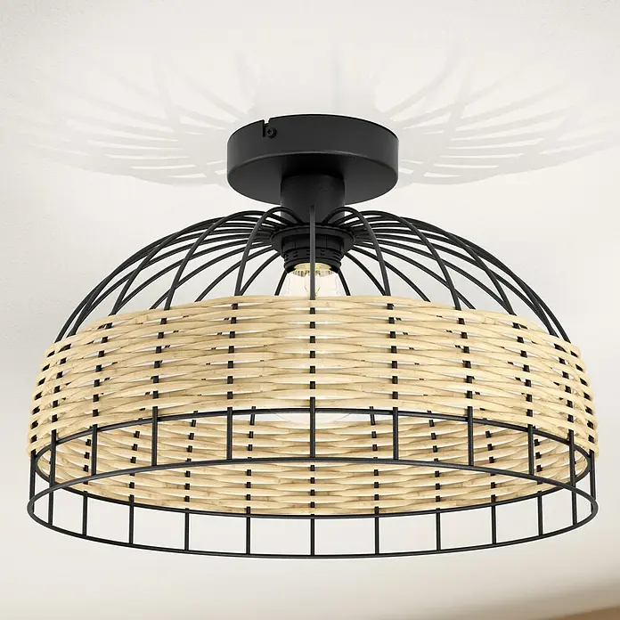 Eglo Anwick Deckenleuchte rund ANWICK - 60 W, Ø x H: 380 mm x 265 cm, Schwarz, E27 - Eine stilvolle Deckenleuchte mit einem schwarzen Metallrahmen und einem natürlichen Rattan-Akzent. Perfekt für jeden Raum.