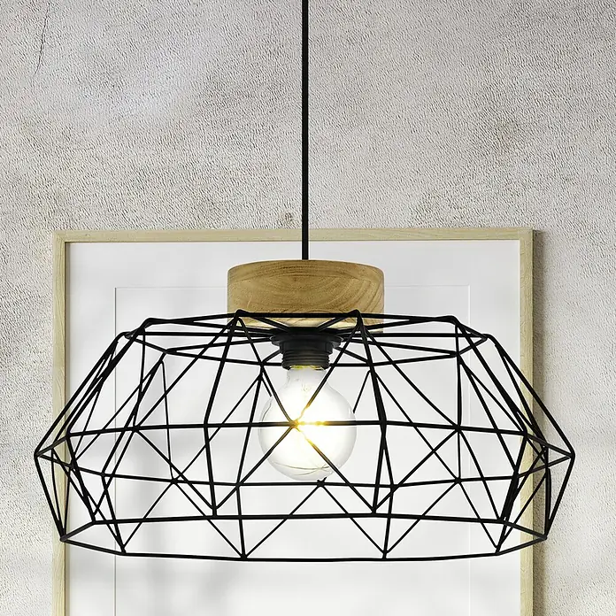 Eglo Padstow Pendelleuchte rund - Höhe: 110 cm - Moderne Pendelleuchte mit geometrischem Lampenschirm und Holzelement für stilvolle Beleuchtung.\n