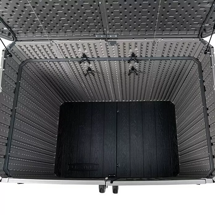 Lifetime Mülltonnenbox Phil - Kunststoff, Grau/Braun, Geeignet für Anzahl Mülltonnen: 2 Stk. - Innenansicht einer geöffneten grauen Lagerbox mit strukturierten Plastikwänden, Metallrahmen und schwarzer Rückwand.