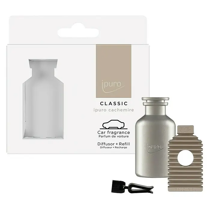 Ipuro Classic Autoduft Car Line Set - Cachemire, 9 g - Ein ipuro Classic "ipuro cachemire" Auto-Duftset mit Diffusor, Nachfüllflasche und Clip für den Autolüfter.
