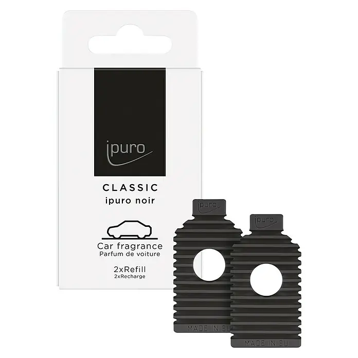 Ipuro Classic Autoduft Car Line Refill - Noir, 2 Stk., 9 g - Produktbild: Ipuro Classic Noir Auto-Lufterfrischer Nachfüller mit Duftspender und Verpackung. Für ein angenehmes Dufterlebnis im Auto.