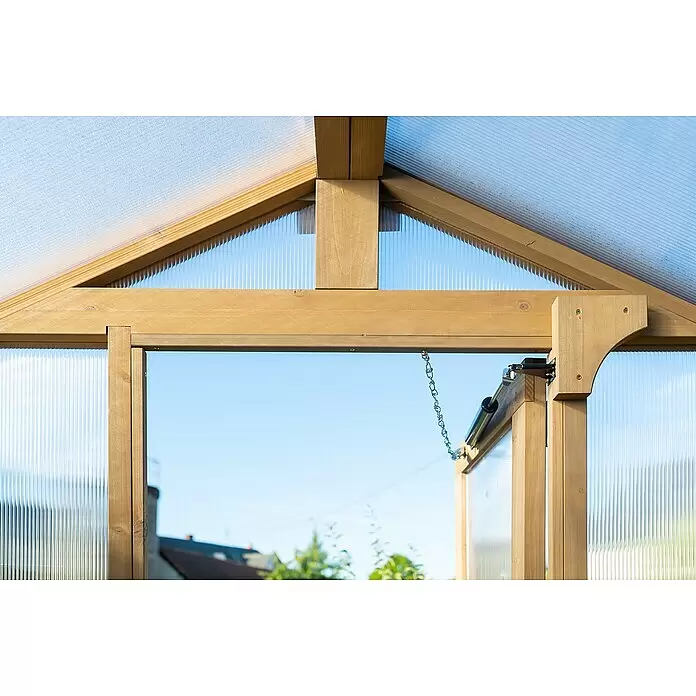Westmann Gewächshaus Paul - Außenmaß inkl. Dachüberstand (B x T): 204 x 236 cm, Material Seitenwand: Holz, Natur - Innenansicht eines Holzgewächshauses mit durchscheinenden Platten und geöffnetem Lüftungsmechanismus.