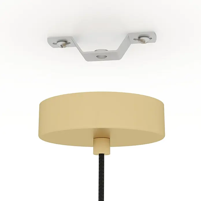 Eglo Lámpara colgante Carlton - 60 W, Ø x Al: 31 x 110 cm, Dorado, E27 - Montaje en techo para una lámpara colgante dorada con un cable negro. El producto se muestra sobre un fondo blanco.
