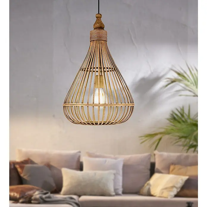 Eglo Pendelleuchte rund AmsfieldØ x H: 350 mm x 110 cm - Diese Pendelleuchte aus Rattan sorgt für eine warme Atmosphäre. Das natürliche Material passt gut zum modernen Bohème-Stil und ist ein Blickfang.