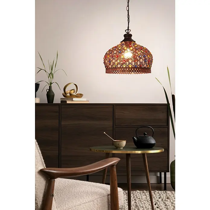 Eglo Pendelleuchte rund Jadida60 W, Ø x H: 330 mm x 110 cm, Antik Braun, E27 - Ein dekoratives Detail im Wohnraum. Die Hängelampe mit farbigen Details sorgt für eine angenehme Atmosphäre und ist ein echter Hingucker.