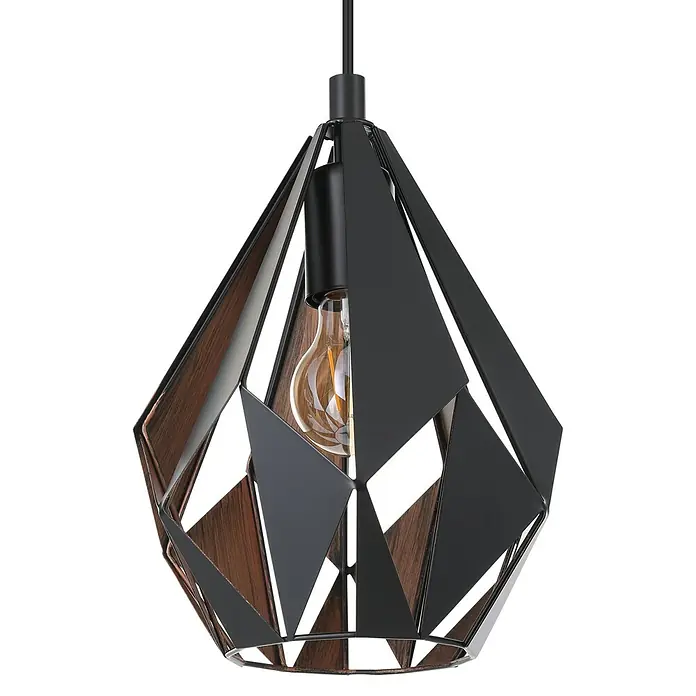 Eglo Carlton 1 Pendelleuchte rund - Ø x H: 205 mm x 110 cm - Elegante Pendelleuchte mit geometrischem Design in Schwarz und Holzoptik. Die Lampe sorgt für stimmungsvolles Licht und ist ein Blickfang.