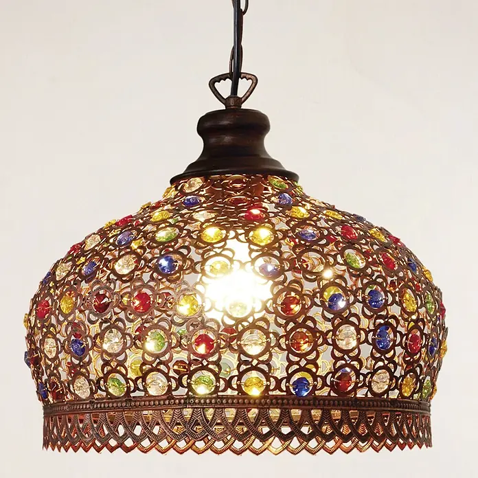 Eglo Pendelleuchte rund Jadida - 60 W, Ø x H: 330 mm x 110 cm, Antik Braun, E27 - Diese Hängeleuchte besticht durch ihr farbenfrohes Design mit bunten Schmucksteinen und einem filigranen Metallgestell.