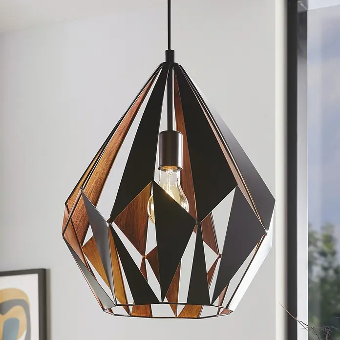 Eglo Carlton 1 Pendelleuchte rund Carlton 1 - Ø x H: 385 mm x 110 cm - Eine moderne Hängelampe mit einem geometrischen Design in Schwarz und Holzoptik, die ein warmes Licht erzeugt. Das stilvolle Beleuchtungselement ist ein Hingucker.