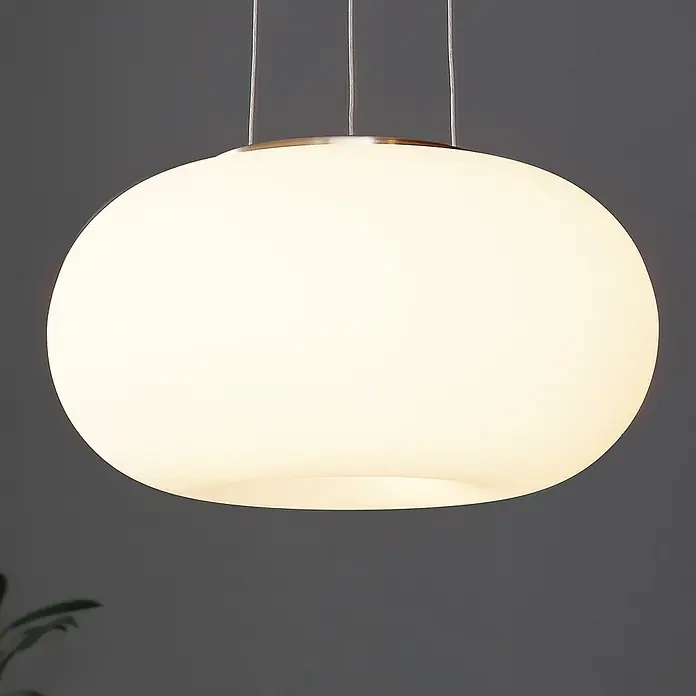 Eglo Optica Pendelleuchte - 120 W, Ø x H: 350 mm x 110 cm, E27 - Nahaufnahme einer modernen, runden Pendelleuchte mit warmem Licht, ideal für stilvolle Innenräume.