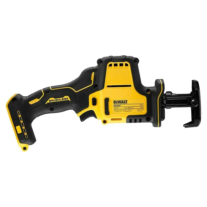 DeWalt XR 18V Akku-Säbelsäge DCS369N-XJ - 18 V, Ohne Akku, 0 /min - 2.800 /min - Abbildung einer gelb-schwarzen, kabellosen DeWalt DCS369 Akku-Stichsäge mit bürstenlosem Motor und verstellbarem Schuh für verbesserte Stabilität.