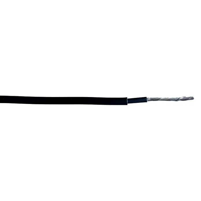 Solarkabel Meterware H1Z2Z2-K 4 mm² - Anzahl Adern: 1, 4 mm², Schwarz - Nahaufnahme eines freiliegenden, mehrdrähtigen Kupferkabels mit schwarzer Isolierung auf schwarzem Hintergrund.