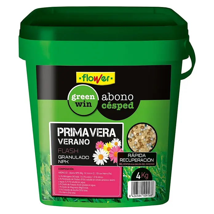 Flower Abono para césped Primavera Flash - 4 kg - Abono Flower Green Win césped primavera-verano, NPK granulado Flash, 4kg para el cuidado del césped.