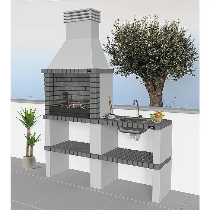 Barbacoa con chimenea Alvor con fregadero - An x Pr x Al: 167 x 47 x 224 cm, Superficie parrilla: 64 x 38 cm, Hormigón - Esta área de cocina al aire libre con barbacoa y fregadero es un gran lugar para cocinar al aire libre. Está hecho de materiales de alta calidad y es fácil de montar.