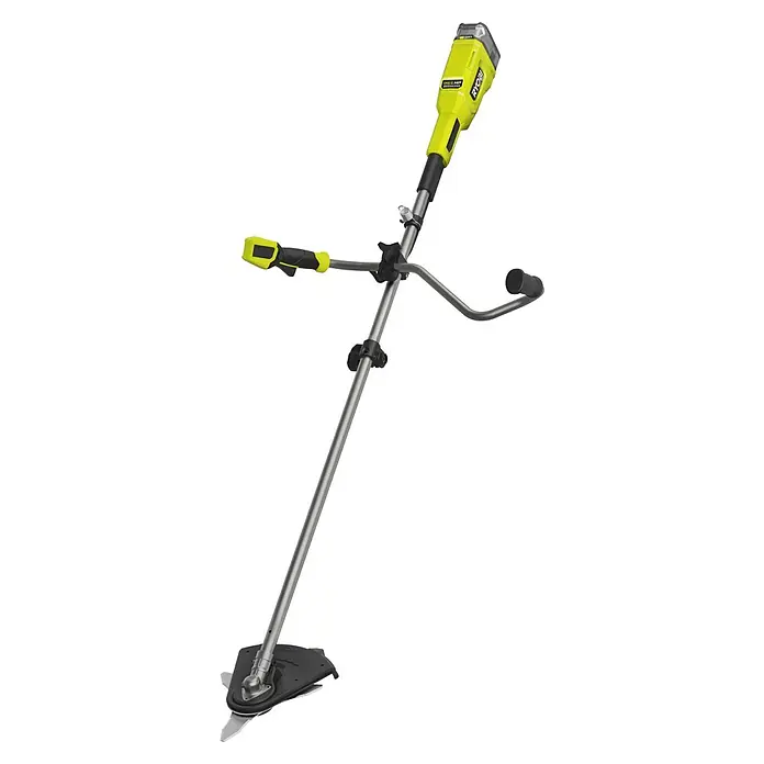 Ryobi ONE+HP Akku-Freischneider RY18BCX26A-0 - 18 V, Ohne Akku, Schnittbreite Faden: 38 cm, Schnittbreite Messer: 26 cm - Abbildung eines Ryobi Akku-Rasentrimmers mit Griffen und scharfer Klinge, ideal für die Gartenpflege.