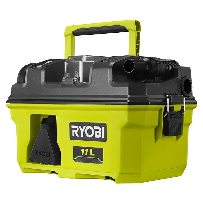 Ryobi ONE+ Akku-Nass-Trockensauger RV1811-0 - 18 V, Ohne Akku, Behältervolumen: 12 l - RYOBI 11L Akku-Trockensauger mit Tragegriff, ideal für Werkstatt und Baustelle. Kompakte Bauweise, leicht zu transportieren.